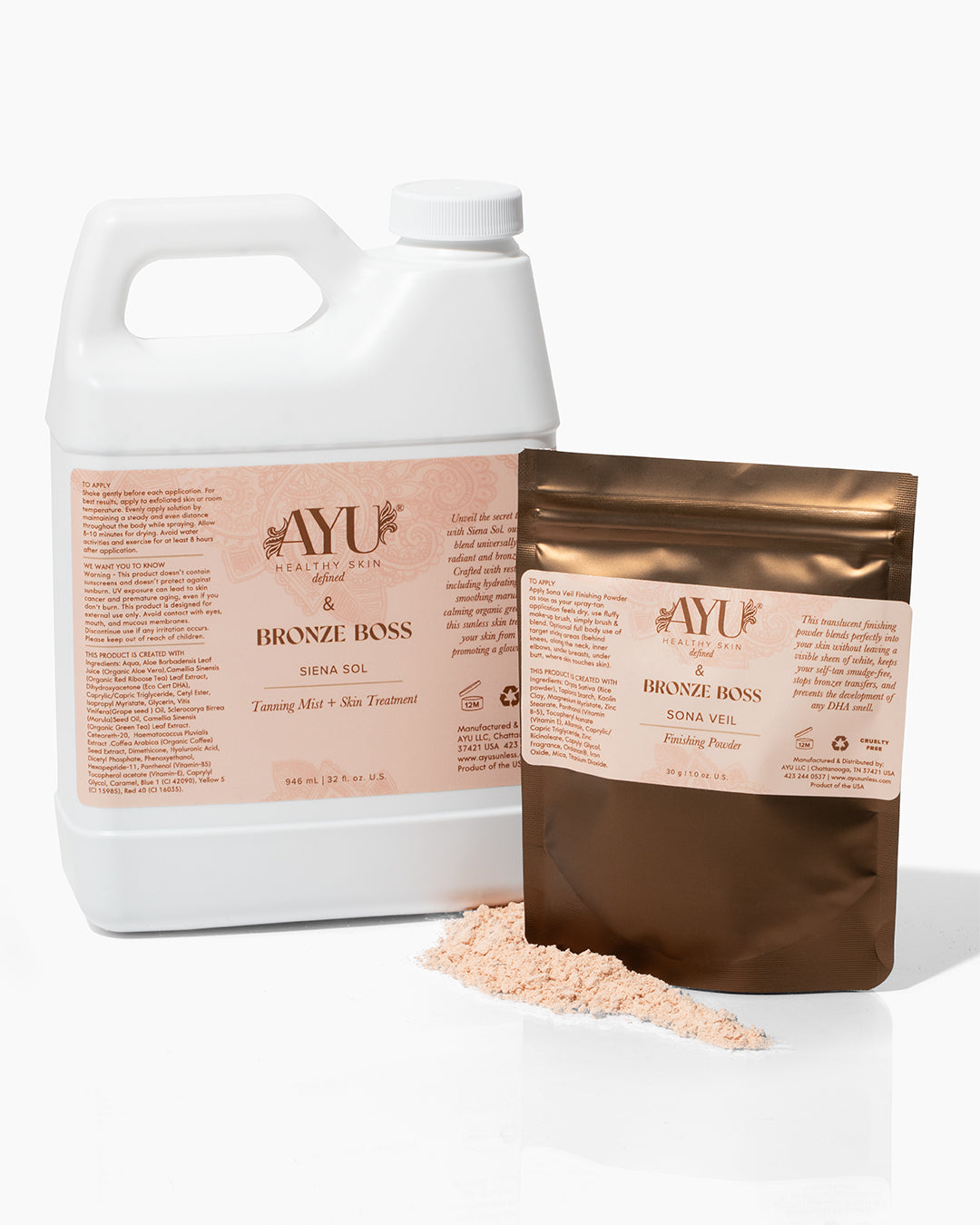 Bronze Boss AYU Sunless Siena Sol Spray Tan Solution Sona Veil Finishing Powder